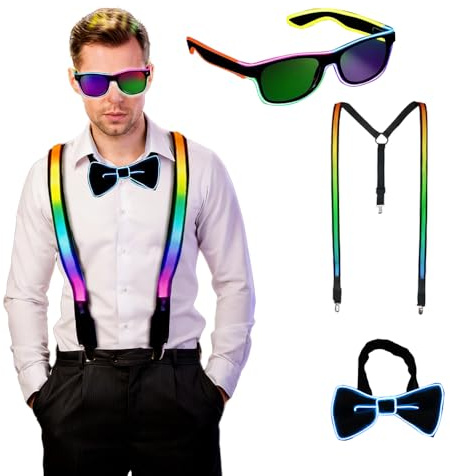 Dhqkqg 3 Stück LED-Leucht-Hosenträger,Bunt Verdrahtet Neon Rave Brille,LED Fliege,Glitzer fliege,LEDs Rave Outfit 3er Set,Herren Leds Kleidung für Karneval Musik Festival Halloween Bachelor Party