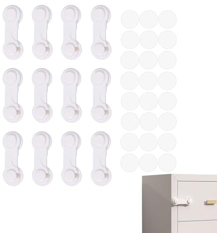 12 Unidades Seguridad Infantil para Armarios, Cajones y Ventanas, Cerraduras Blancas Autoadhesivas con 3M, Protección para Niños Bebés, Instalación sin Taladrar, Cierre de Seguridad Universal Hogar