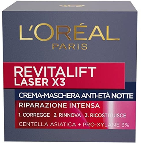 L'Oréal Paris Crema Viso Notte Revitalift Laser tripla azione, Azione Antirughe e Anti-Età, Pelle Ridensificata e e Rinforzata, Con Acido Ialuronico, Vitamina C e Pro-Retinolo, 50 ml