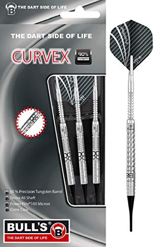 Bull's Curvex Soft Dart 18g, Barrel aus 90% Tungsten (Wolfram), Dartpfeile Set mit 3 Darts inklusive Soft Tips, Aluminium Shaft und 100 Micron Flight in Standard A-Shape C2 Soft Dart Silber