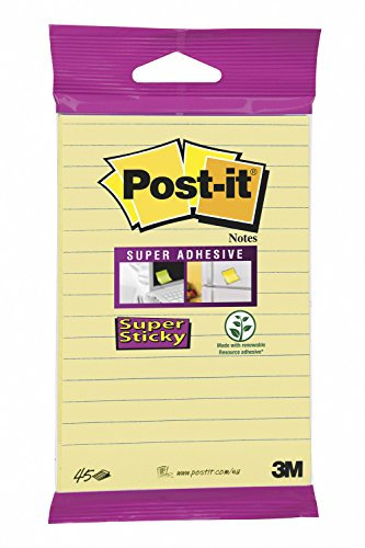 Post-it Super Sticky Large Notes, Double the Sticking Power, Lined, 1 Pad, 45 Sheets, 102 mm x 152 mm, Canary Yellow - Self-Sticking Notes for Walls, Monitors and Fridge