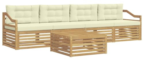 vidaXL Outdoor-Sofagarnitur 5 pcs Weiß und Creme Massivholz Akazie, Gartenmöbel, Moderne Sitzgruppe, L-förmiges Sofa für Terrasse, relaxen im Lounge-Stil