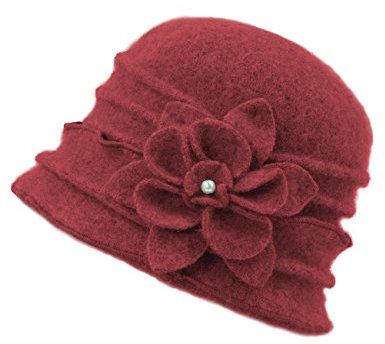 Dahlia Damen Wintermütze Wollmütze Cloche/Bucket Hat Slouch Flower, Fischerhut mit Rüschen: rot, Einheitsgröße