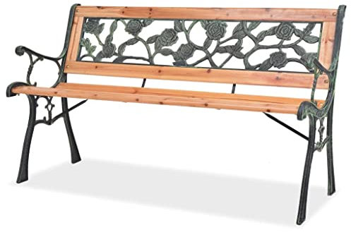 vidaXL Patio Outdoor Park Vintage Gartenbank aus Holz und Eisen mit Rosenmuster Rückenlehne