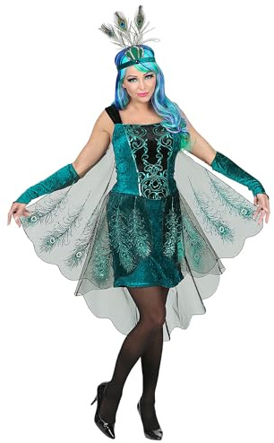 W WIDMANN MILANO Party Fashion - Pfau Tierkostüm Damen | Kleid mit Pfauenfeder Schleier, Armstulpen, Kopfschmuck, Kostüm für Karneval, Mottopartys