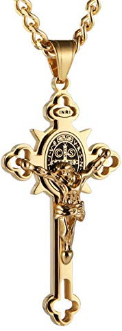 HZMAN Saint Benedict Kreuz Halskette für Männer Edelstahl INRI Kruzifix Kreuz Anhänger Halskette Schmuck Geschenk (Groß Gold)