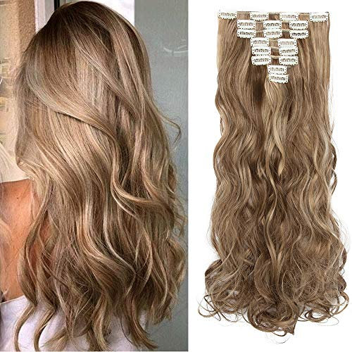 SEGO Clip in Extensions Haarverlängerung Haarteil 8 Tressen wie Echthaar gewellt Aschbraun & Dunkelblond 24(61cm)