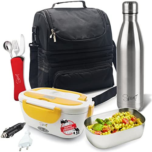 Spice Borsa Termica Grande Capacità 22 L + Bottiglia termica Acciaio Inox 750 ml doppia parete + Scaldavivande Amarillo inox Plus Doppio Voltaggio + Set 3 posate in Acciaio Inox