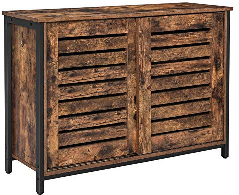 VASAGLE Sideboard, Küchenschrank mit Schiebetüren und Lamellentüren, Stahlgestell, 100 x 35 x 70 cm, Industrie-Design, vintagebraun-schwarz LSC081B01