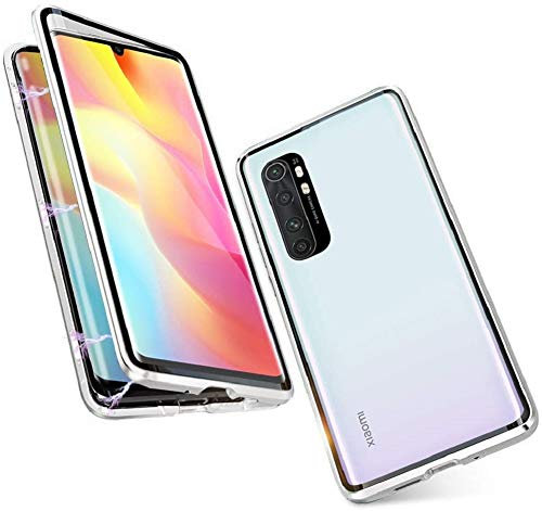 Handyhülle für Xiaomi Mi Note 10 Lite Hülle Magnetische Adsorption Ultra dünn Metallrahmen 360 Grad Schutzhülle Vorne und Hinten Transparent Vollbildabdeckung Gehärtetem Glas Schutz Case Cover,Silber