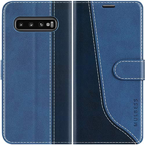 Mulbess für Samsung Galaxy S10 Hülle, Handyülle Leder mit Kartenfach, Klapphülle mit Magnetverschluss, Flip Case Etui Handytasche Schutzhülle, Stilvoll Diamant Blau