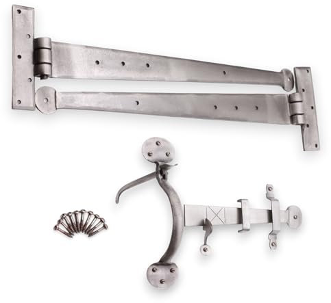 Infinity Decor Traditional Hand Forged Iron 18” Iron Tee Hinge Penny End & Suffolk Latch Door Kit Pewter Finish – for Wooden Gate, Shed, Barn Door