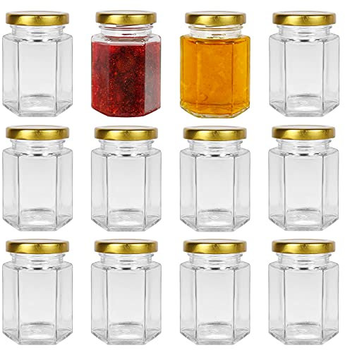 Yishik Lot de 12 bocaux hexagonaux en verre de 118 ml avec couvercles dorés pour confiture, épices, bonbons, aliments pour bébés, cadeaux de mariage ou bocaux d'artisanat
