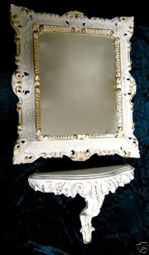 Wandspiegel mit Ablage Weiß Gold Barock Antik 45x37 Flurspiegel Deko Badspiegel mit Konsole Wanddeko Rokokostil Prunkspiegel Weiss Gold mit Konsole 3047+3084