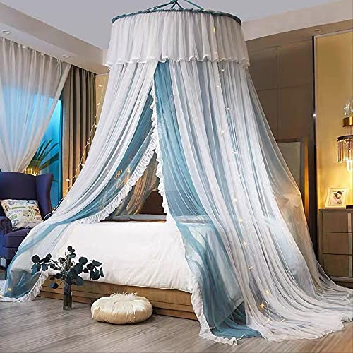 Le zanzariere a vento da principessa installano zanzariere 2 metri con una cupola estiva a soffitto 1,5 m a rete a due piani senza fori da 1,5 m (5 ft) letto blu e bianco