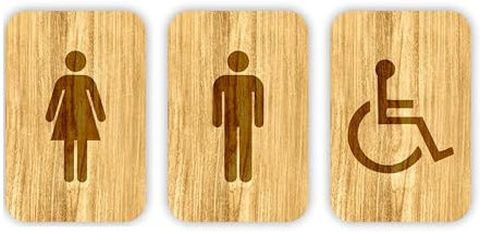 Panneau pour salle de bain – Homme, femme, handicapé – 120 x 80 mm – Autocollant pour porte WC en bois – Plaque de toilettes gravée – Panneau pour lavabo (ensemble (homme + femme + handicapé)