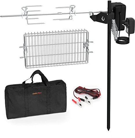 onlyfire BBQ Rotisserie Grill Kit Floor Stand Spit Roaster including Rotisserie Basket, Spit Forks, Battery Motor with Power Adapter, Car Charging Cable, Carrying Bag for Outdoor Camping Barbecue