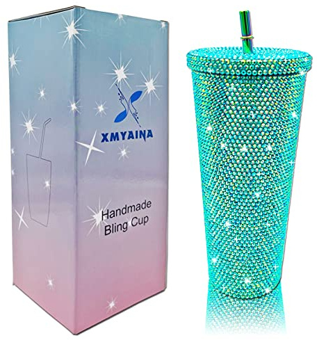 XMYAINA 26oz Bling Cup Diamond Tumbler Glitter Water Bottle with Lid and Straws Stainless Steel Vacuum Insulated Coffee Ice Cup (Peacock Blue)