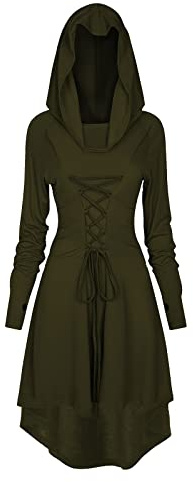 FSUJWOA Renaissance Kostüm Damen Robe Gothic Kleid Damen Mittelalter Renaissance Mit Kapuze Kleid Halloween Party Kostüm (L, grün)