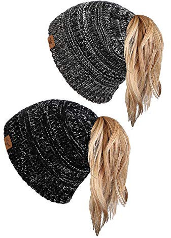 sy soul young Pferdeschwanz Messy Bun Beanie Tail Knit Hole Strickmütze Weiche Brötchen Winter mütze mit zopfloch für Damen(Einheitsgröße,3-Ton-Schwarz und 3-Ton-Weiß)