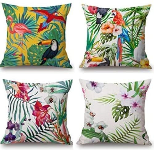 Fullfun Tropische Flamingo-Kissenbezüge, Blätter, Leinen-Kissenbezüge, Tukan, 4 Stück, quadratischer Dschungel-Kissenbezug, für Sofa, Couch, Schlafzimmer und Outdoor-Kissen, 40 x 40 cm