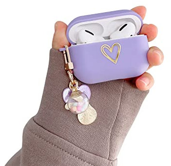 Ownest Kompatibel mit Airpods Pro 2 Hülle mit Schlüsselanhänger Aesthetic Girls Golden Love Herz Muster mit Cute Glücks Ball Silikon AirPods Schutzhülle - Lila -N
