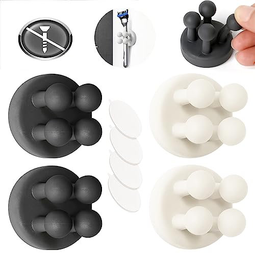 AOT 4 Stück Klebehaken Wandhaken Silikon, Haken Selbstklebend, Elastischen Kabelhalter, Schlüsselhaken, Stifthalter, Rasierer Halterung Dusche für Bad, Küche(Schwarz + Weiß)