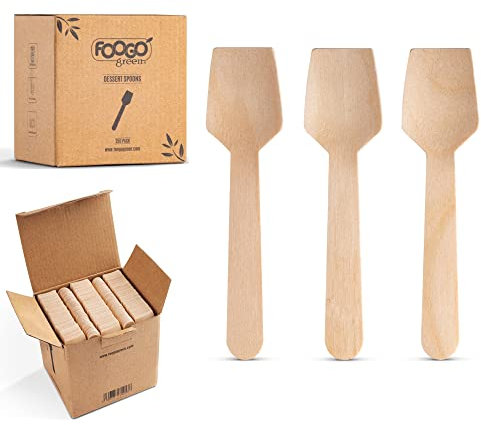 FOOGO Green 1000pcs Disposable Wooden Dessert Spoons, FSC® Certified, 9.5cm Small Spade Shape Disposable Cutlery, for Icecreams Jelly Cakes, Sturdy Eco-Friendly Wooden Spoon, Like Bamboo Cutlery