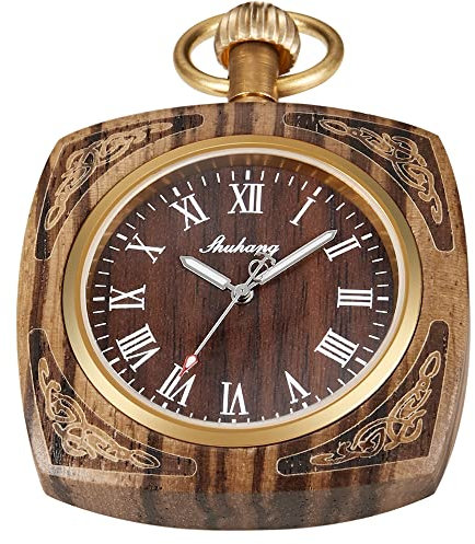 Tiong Holz-Taschenuhr mit 37 cm Langer Kette, handgefertigte Uhren, römisches, digitales Zifferblatt, Quarz, Holz-Taschenuhr für Damen und Herren, Uk-pws-wood102…