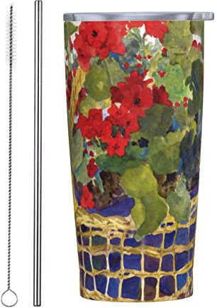 UNIOND Geranien-Korb, bedruckter Edelstahlbecher, doppelwandig, vakuumisoliert, Reisewasserflasche mit Deckel und Strohhalmen, 590 ml, für Kaffee, Tee