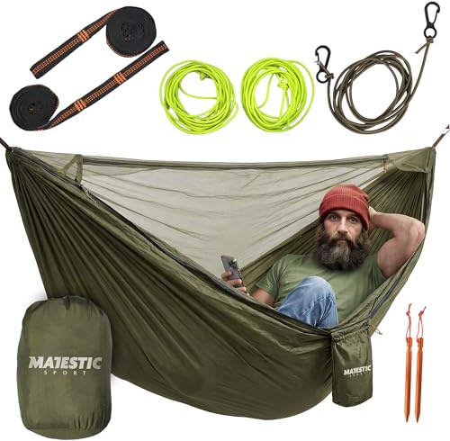 MAJESTIC SPORT Hängematte mit Moskitonetz Hedera Leicht tragbar für Ausflüge in die Berge in den Wald Einfache Montage Camping Strand Wanderhängematte Outdoor 330x150 cm 300 kg, Grün