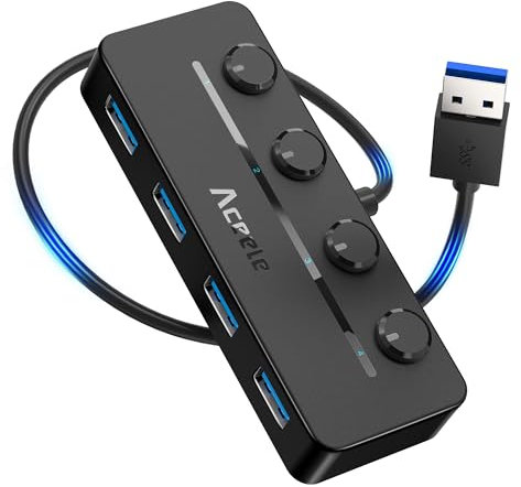 Aceele USB Hub 3.0 with Individual ON/OFF Switches, 4 Ports USB 3.0 Splitter with Type C Power Port, 0.6Ft Multiport USB Expander for SSD, PS4/PS5, Laptop, PC, USB Stick