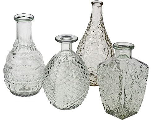 degawo Deko Blumen Glas Vasen 4er Set Höhe 20 cm rund eckig klar Tisch Flaschen Trocken
