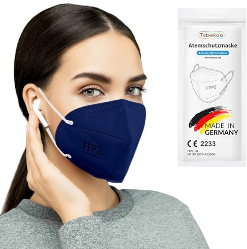 TubeRoo FFP2 Maske blau duneklblau marine 50 Stück Masken aus Deutschland, Made in Germany, weiche runde Ohrschlaufen Bänder, Atemschutzmaske, Mundschutz