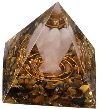 Nupuyai Pyramide en Cristal Reiki avec Figurine Ange en Quartz Rose, Pyramides de Pierre Fengshui, Chakra Pyramide en Résine Décoration de la Maison pour Méditation Protection et Chance, Oeil de Tigre