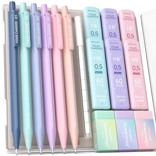 Four Candies Porte-mines 0.5, avec mines HB & 2B 0.5mm, gomme Pastel et recharges gomme, paquet de 16 avec étui, fournitures scolaires esthétiques pour écrire, dessiner et faire des croquis