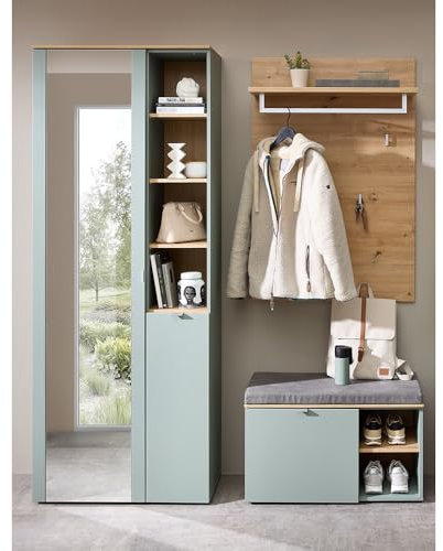 Lomadox Garderobe modern Garderobenschrank Flurbank mit Sitzpolster Garderobenpaneel grün matt mit Eiche