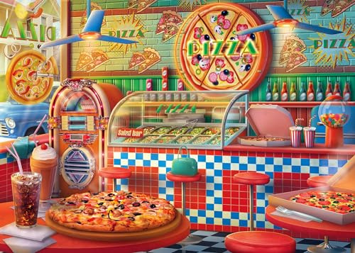 Springbok 's Pizza Shop Puzzle mit 1000 Teilen für Erwachsene ist ein nostalgischer und farbenfroher Blick auf Pizzasalons aus der Vergangenheit, hergestellt in den USA
