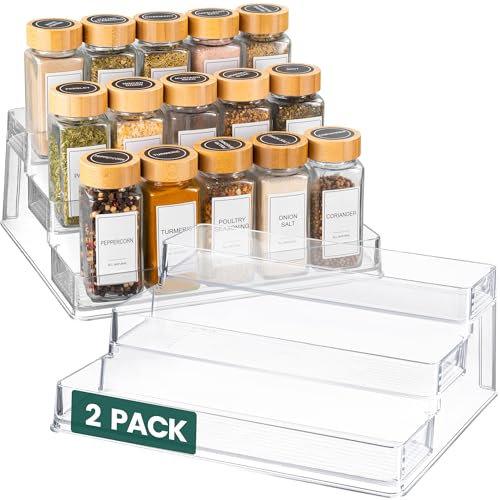 Oizeir Clear Spice Rack (2-Pack) - 3 Tier Spice Organization For Cabinet - Deep Spice Shelf Design - Seasoning Rack - 10.4 x 9.6 x 4 Acrylic Pantry Organizer - Holds Seasoning, Condiment Bottle
