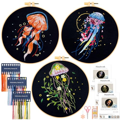 JSRQT Lot de 3 kits de broderie à la main avec motifs estampés - Gamme complète de broderie au point de croix pour adultes débutants amateurs d'artisanat - Kit de point de aiguille avec cerceau et