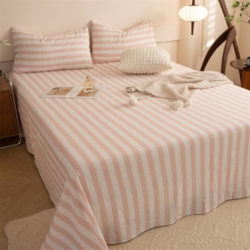 Mesnt Drap Plat pour 2 Personnes, Drap Plat en Fibre Chimique Motif à Rayures Housse Matelas, Rose Clair, 1.5m-200 x 230cm