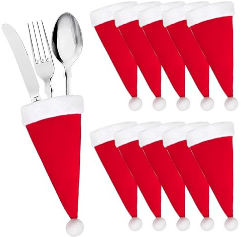 10 Stück Besteckhalter für Weihnachten, Mini Weihnachtsmütze Bestecktaschen Weihnachten Besteckhalter Vliesstoff Deko Besteckbeutel Weihnachtsgeschirr Tasche für Messer Gabel Dessertlöffel Messer