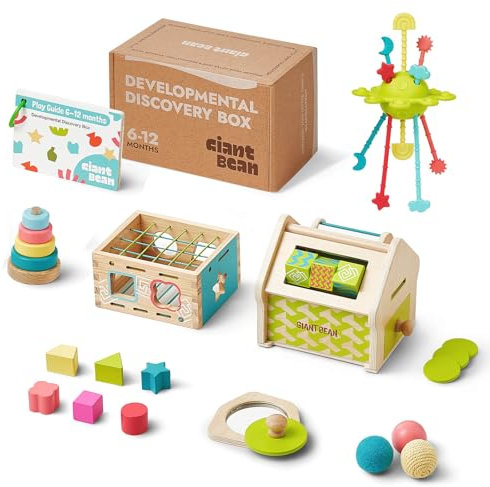 Giant bean Montessori Spielzeug ab 6-12 Monate, 5 in 1 Montessori Spielzeug, Stapelturm | Sensorisches Beißspielzeug | Spiegelpuzzle | Objektpermanenzbox, Geschenk für Baby ab 6 9 12 Monate 1 2 3 Jahr