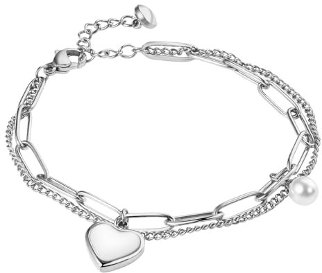Flonge Love Heart Link Bracelet: Charm Heart Pendant Double Layer Bracelet Adjustable Paperclip Link Chain Bracelet Jewelry Gift for Mother Her Silver