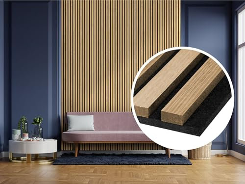 HPFloor Akustikpaneele Holz 120x60 Wand Holzpanele 2er Set Wandpaneele Lamellenverkleidung Wandverkleidung aus Holzfunier Eiche Natur, Filz schwarz,geölt Oak