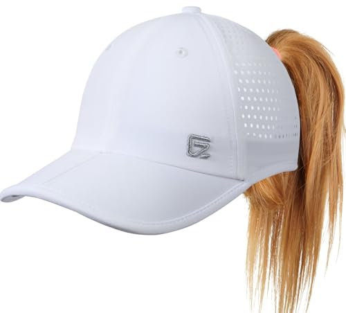 GADIEMKENSD Pferdeschwanz Laufhüte für Damen Sommer Baseballmütze mit Ponytail Loch Schnurzug Verstellbare Atmungsaktive Netz Dri Fit Hochgesteckter Sonnenhut für Gym Strand Sport Wandern Weiß
