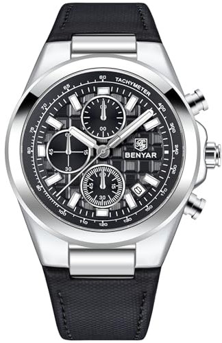 BENYAR Herrenarmbanduhr Chronograph – Elegante Quarzuhr mit Lederarmband, 30M wasserdicht, Leuchtzeiger & Kalender | Herrenuhr für Business & Freizeit - Schwarz