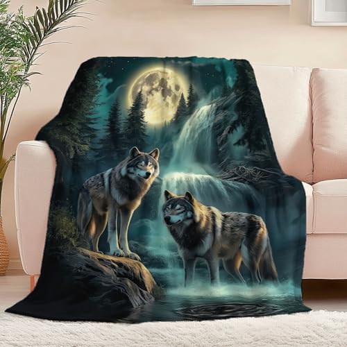 Decke Weich Flanell Plüsch Fleece Wohndecke Natur Tier Wolf Mond Muster Überwurf, Leichte Gemütliche Plüschdecke Dunkelblau für Schlafzimmer Wohnzimmer Sofa Tagesdecke Decke 180 x 220 cm