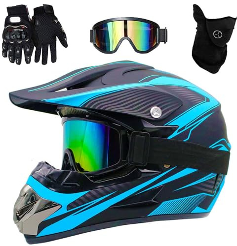 Casque de Motocross Pour Enfants, Casque de Vtt IntéGral Avec Lunettes, Masque Et Gants, Casque de Moto Quad Pour Jeunes Enfants, Homologué DOT(Blue lines,S(52-53cm))