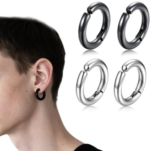 XENQITO 4 Pièces/2 Paires Non-Piercing Boucles d'oreille Clip d'oreille Faux Anneaux d'oreille pour Hommes et Femmes, Boucles d'oreilles Homme, Clip Non Piercing, en Acier Inoxydable, 2 Couleurs,10mm